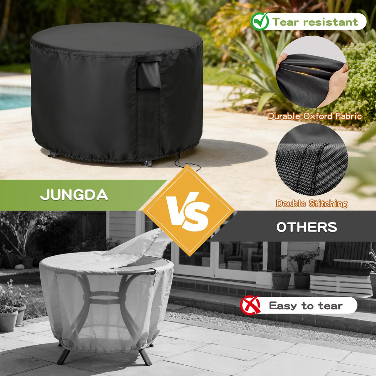Jungda round table cover features 360 drawstring for a snug windproof fit.