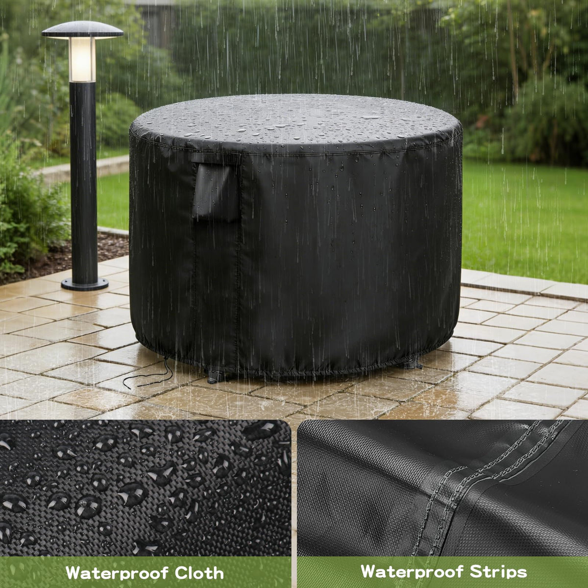 Jungda round table cover with buckle straps anchors securely to table corners.