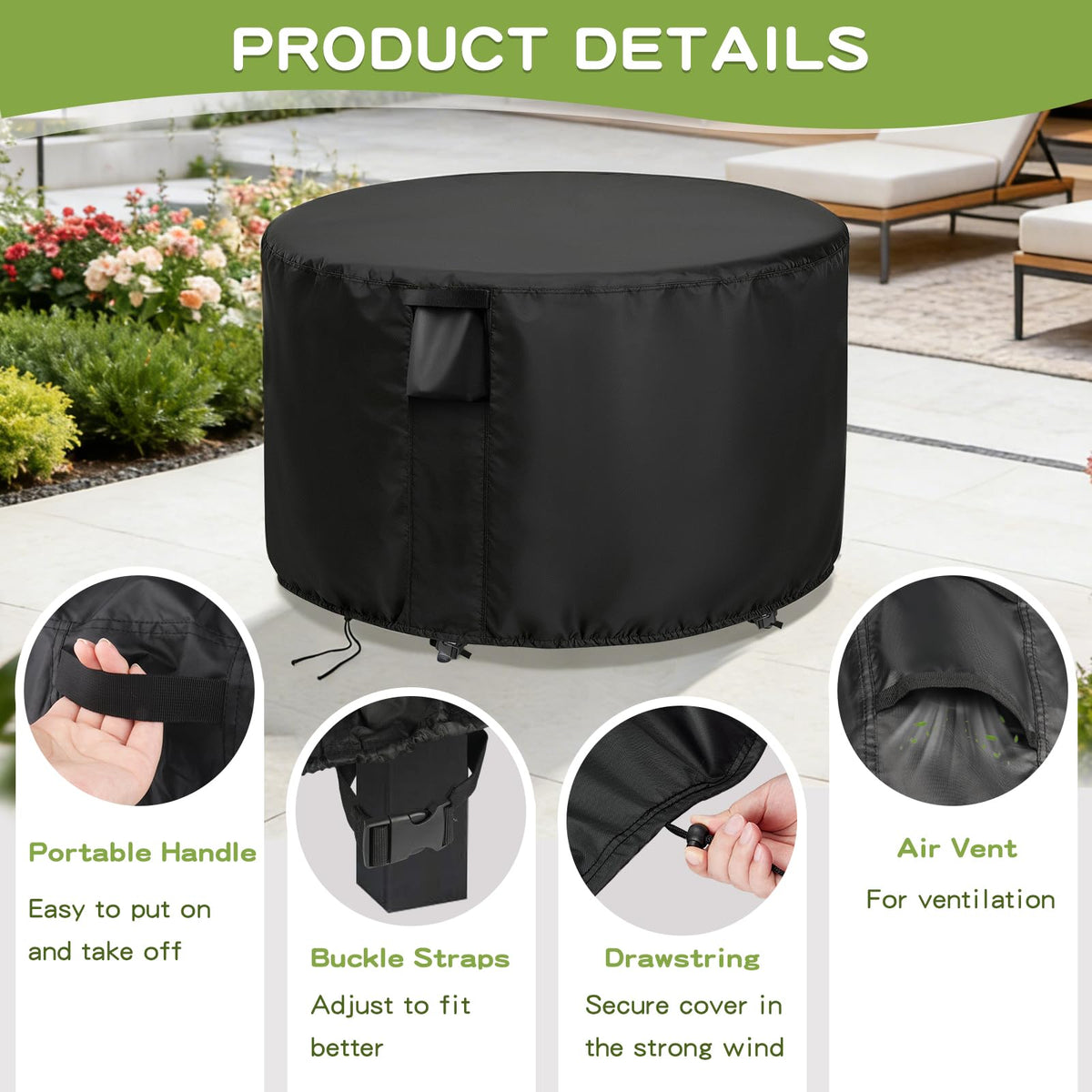 Jungda round table cover vented design reduces condensation under fabric.