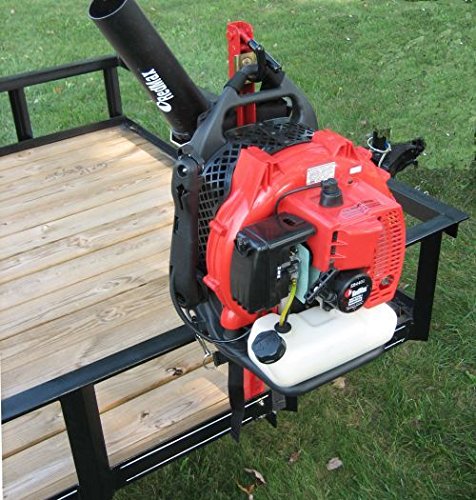 Jungle Jim's backpack blower holder mounted on trailer offers secure transport and quick access