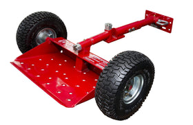 Jungle Jim's Jungle Wheels front view on red sulky showing sturdy setup for professional mowing.