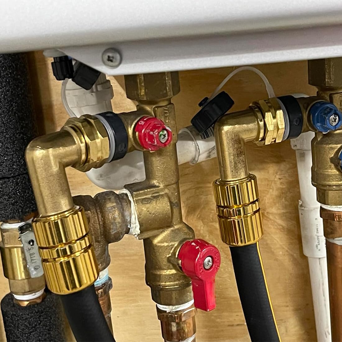 JUNHOME elbow connector kit includes washers and PTFE tape for quick installation.