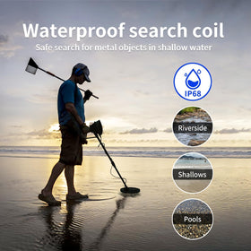 JuniHo waterproof metal detector for beach and riverbank exploration.