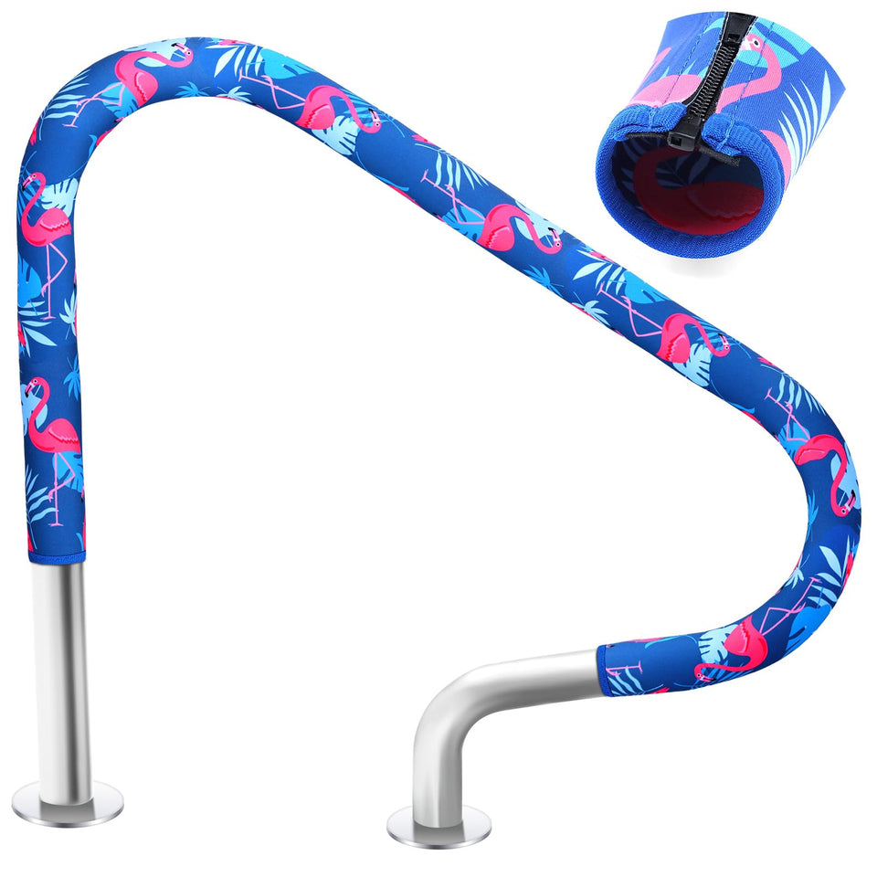 Junkin blue flamingo handrail cover provides secure grip for safe pool use.
