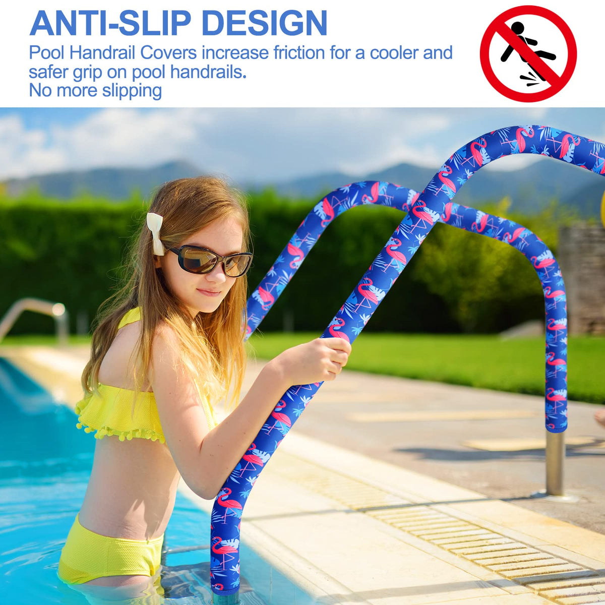 Junkin blue handrail cover shown on a rail for universal fit demonstration.