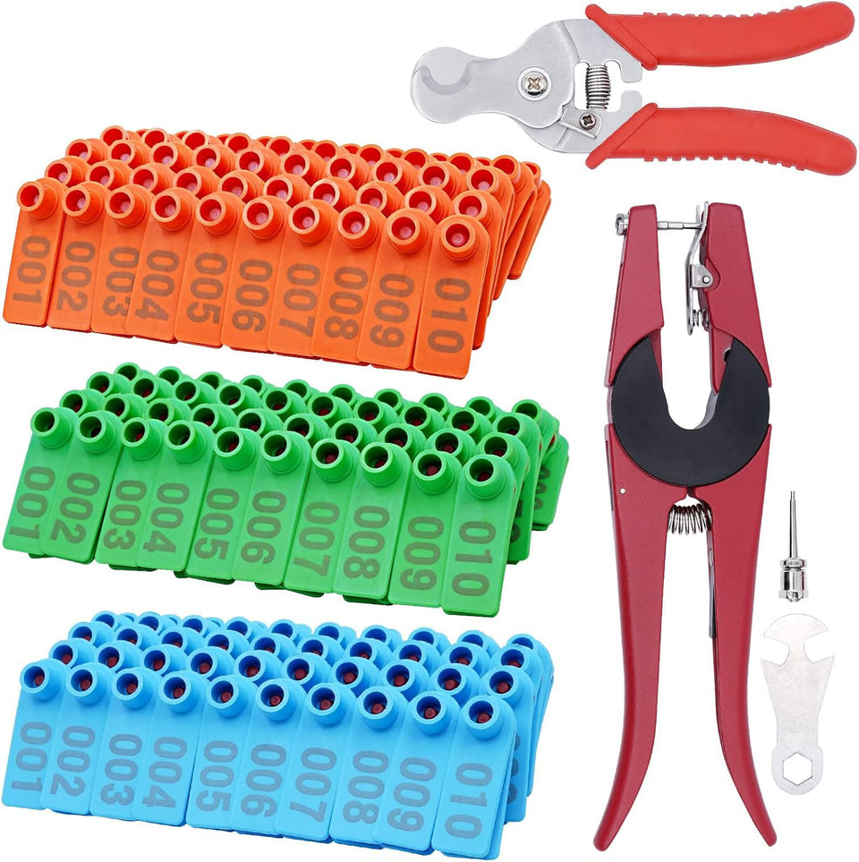 Junniu Paulozyn ear tags in blue, green, and orange for easy livestock identification.