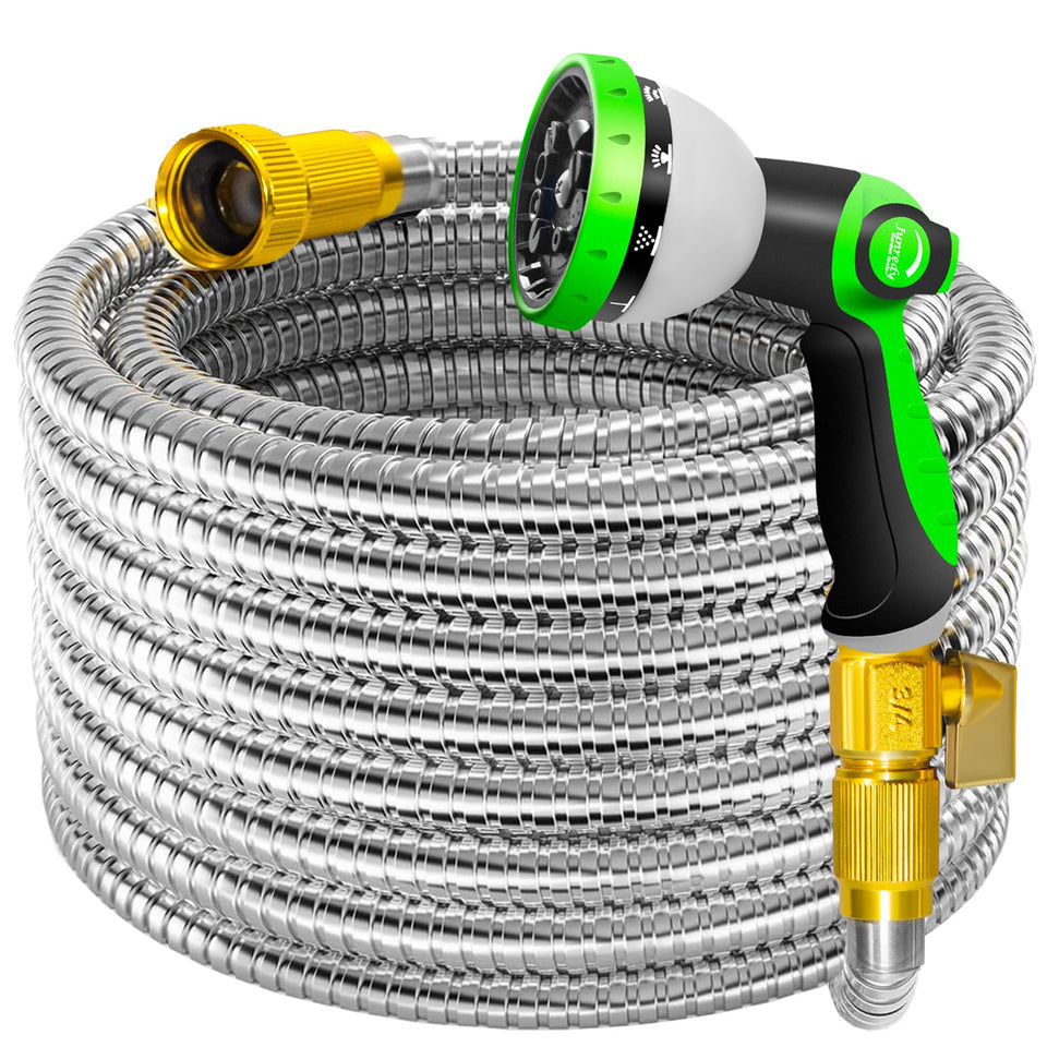Junredy 50ft stainless steel hose with outer coil for durable outdoor watering.