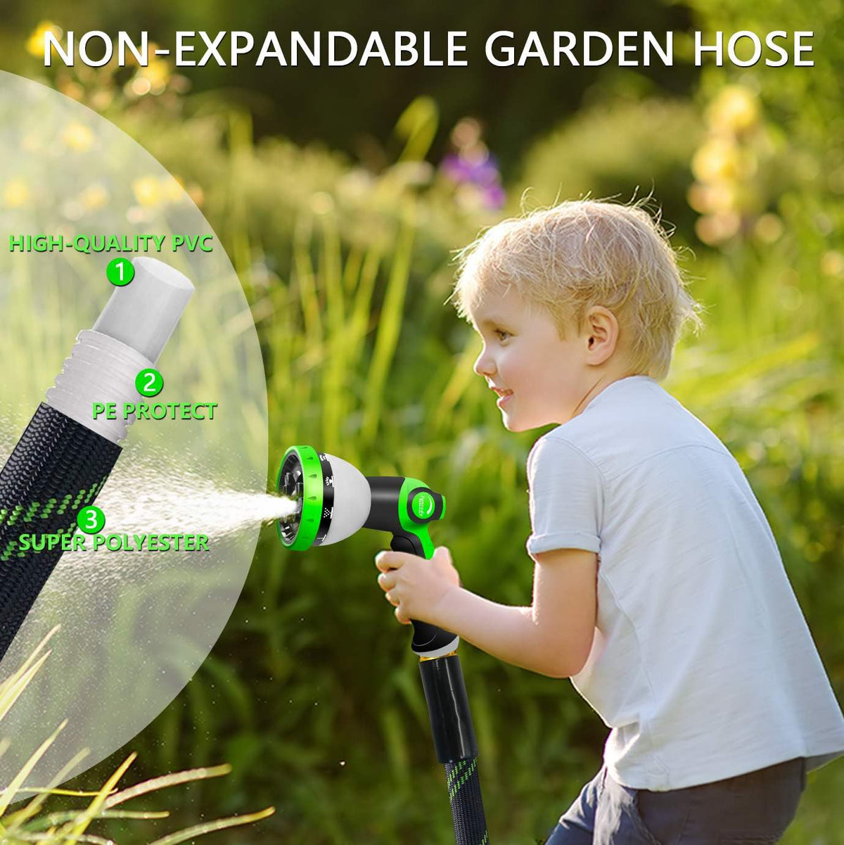 Junredy garden hose 25ft no-kink design prevents tangles while watering.