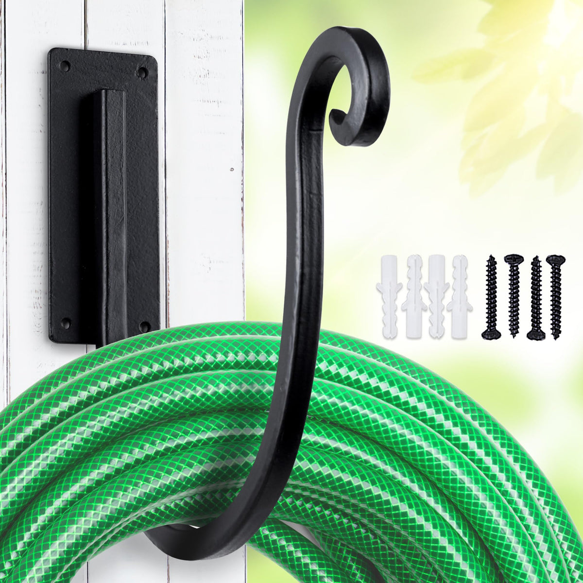 Junshuo hose holder wall mount front view showcasing sturdy metal build for outdoor organization.