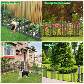 Outdoor yard scene with JUNYAO fence around patio for pet and plant protection.