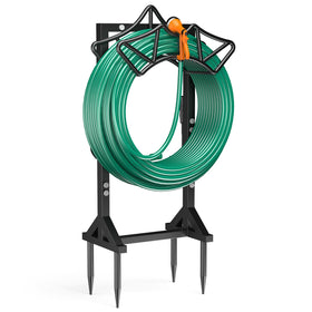 JUNYIYOUO garden hose holder shows 160 ft capacity for organized storage.