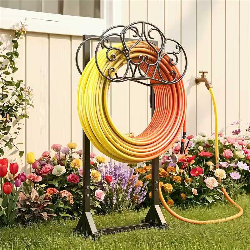JUNYIYOUO garden hose holder with heavy-duty frame keeps hoses neatly organized.
