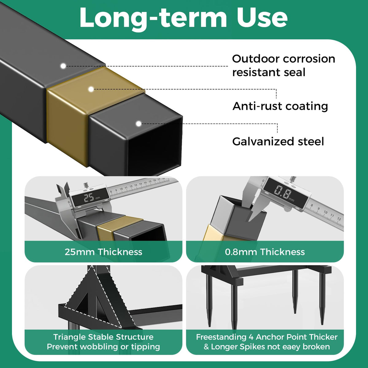 Stainless steel hardware resists outdoor corrosion.