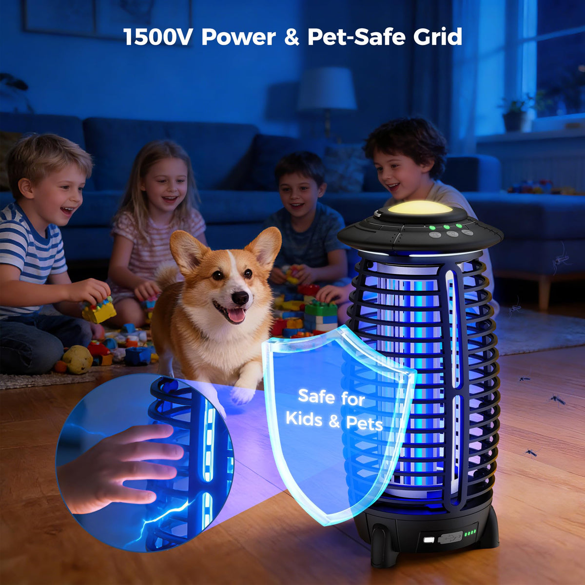 JUSENWDSL Bug Zapper Auto Night Light and SOS beacon in use