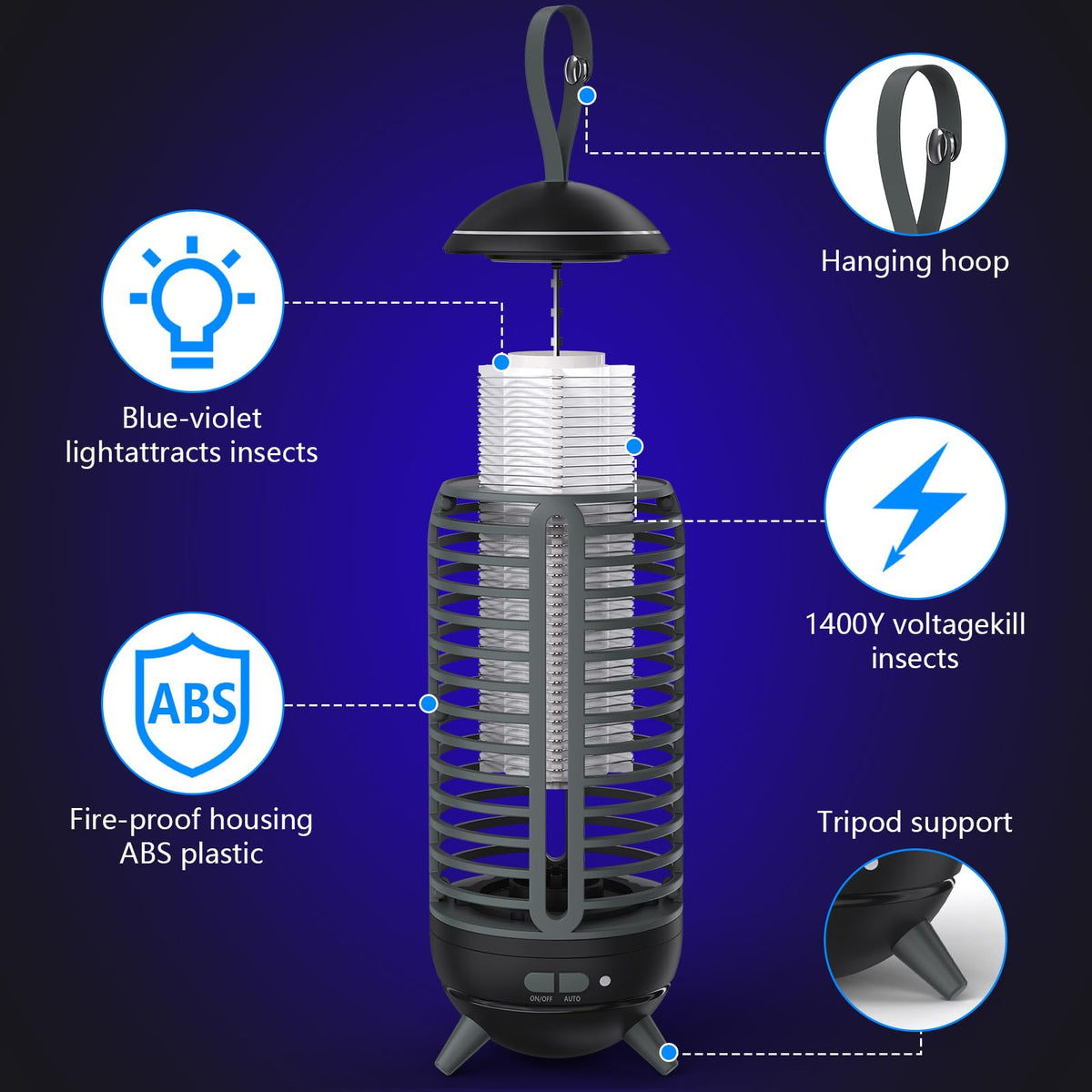 JUSENWDSL zapper in use at night attracting insects with UV light