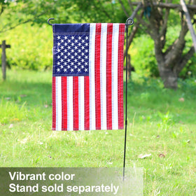 JUSHEN garden flag with sewn stripes for durable outdoor decor.