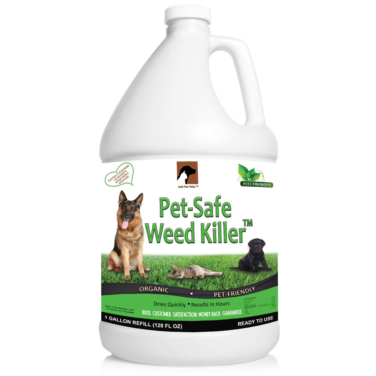 Just For Pets weed killer bottle pour demonstrates easy, pet-friendly outdoor weed control