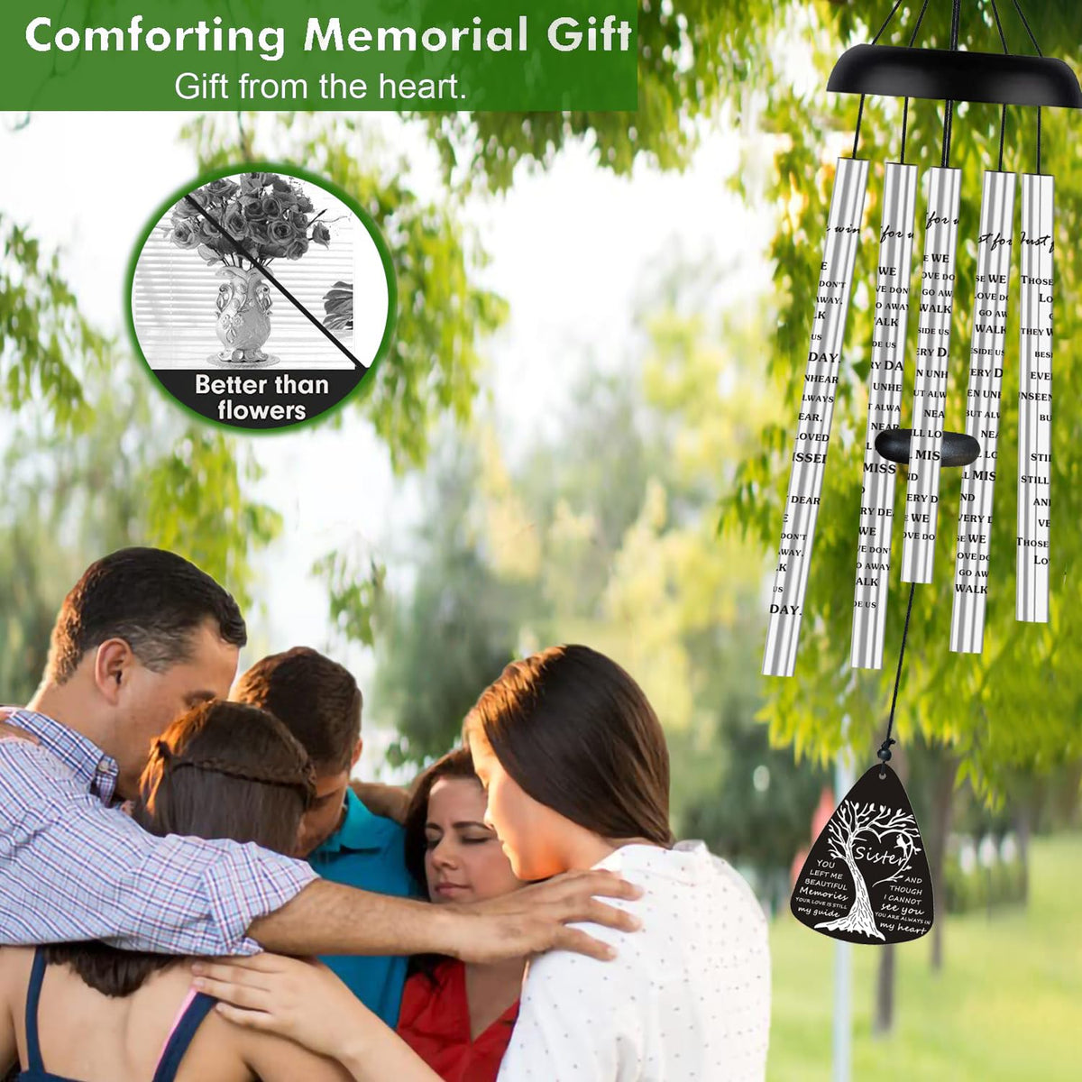 JUST FOR WIND in memory of sister chimes gracefully hang for peaceful reflection.