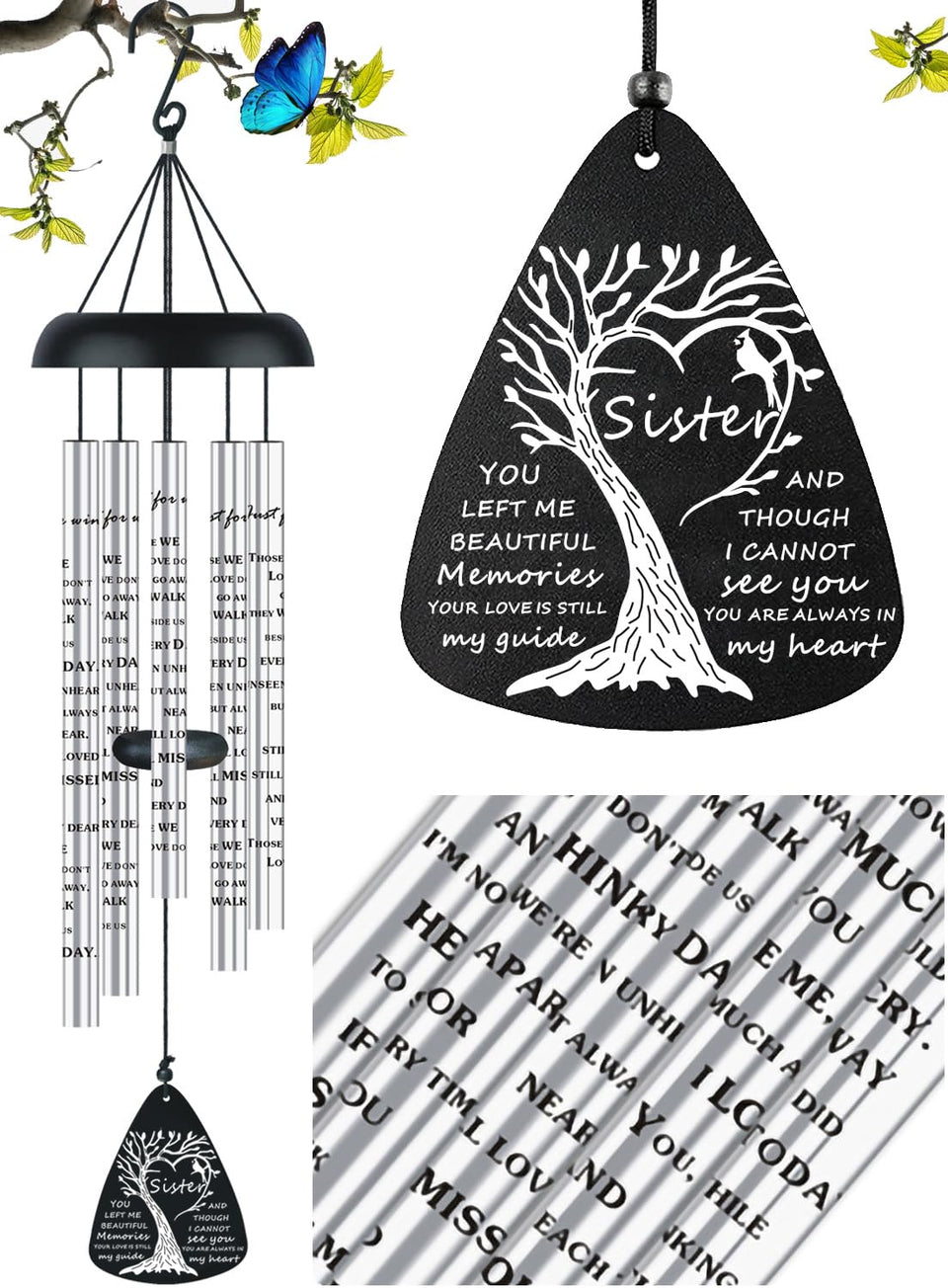 JUST FOR WIND sympathy wind chimes in outdoor setting offer comforting memory of a sister.
