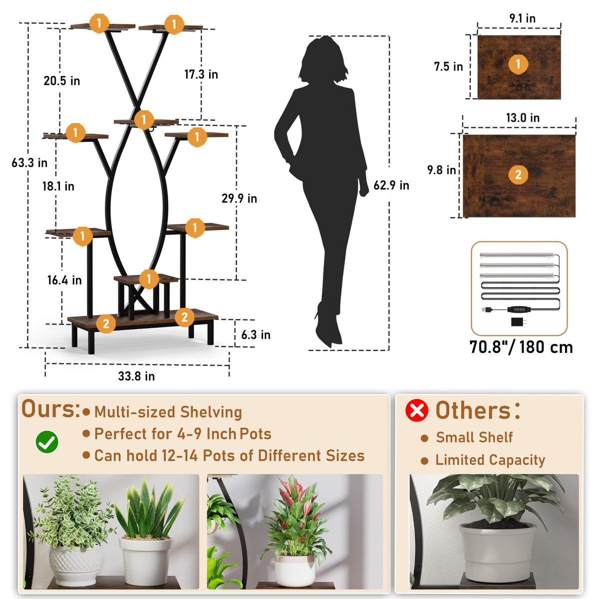 JUSTOGO nine-tier plant shelf maximizes vertical space for many pots.