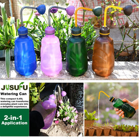 JUSUFU indoor plants care scene with compact watering can.
