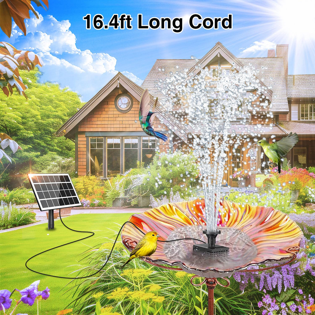 JuTai solar fountain features 2000mAh backup for cloudy days.