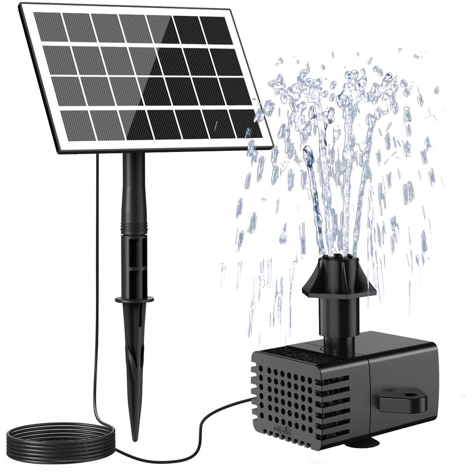 JuTai solar fountain with glass panel boosts light absorption for efficient operation.