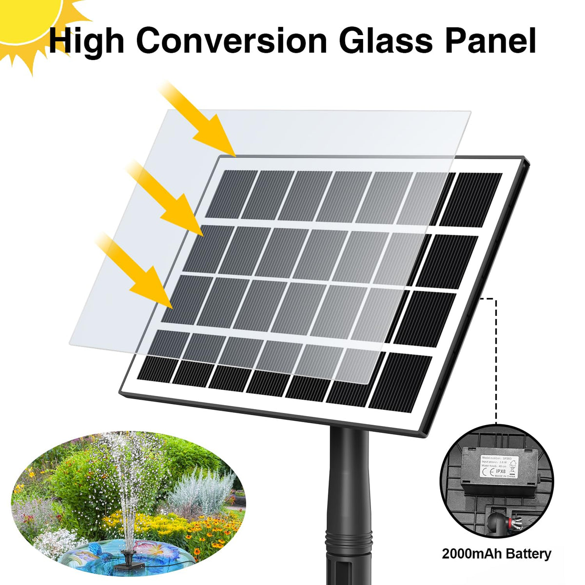 JuTai solar fountain ground stake installation for garden placement.