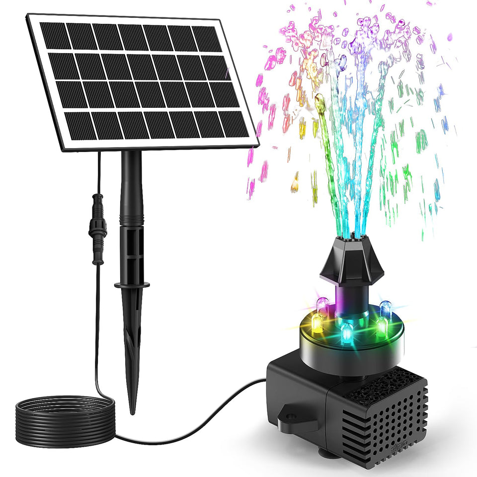 JuTai solar fountain kit with colorful lights brightens outdoor ponds at dusk.
