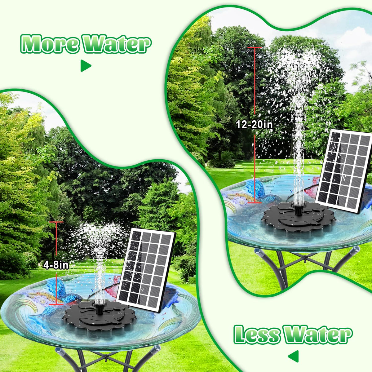 JuTai solar fountain in shadow with long cord for flexible placement.
