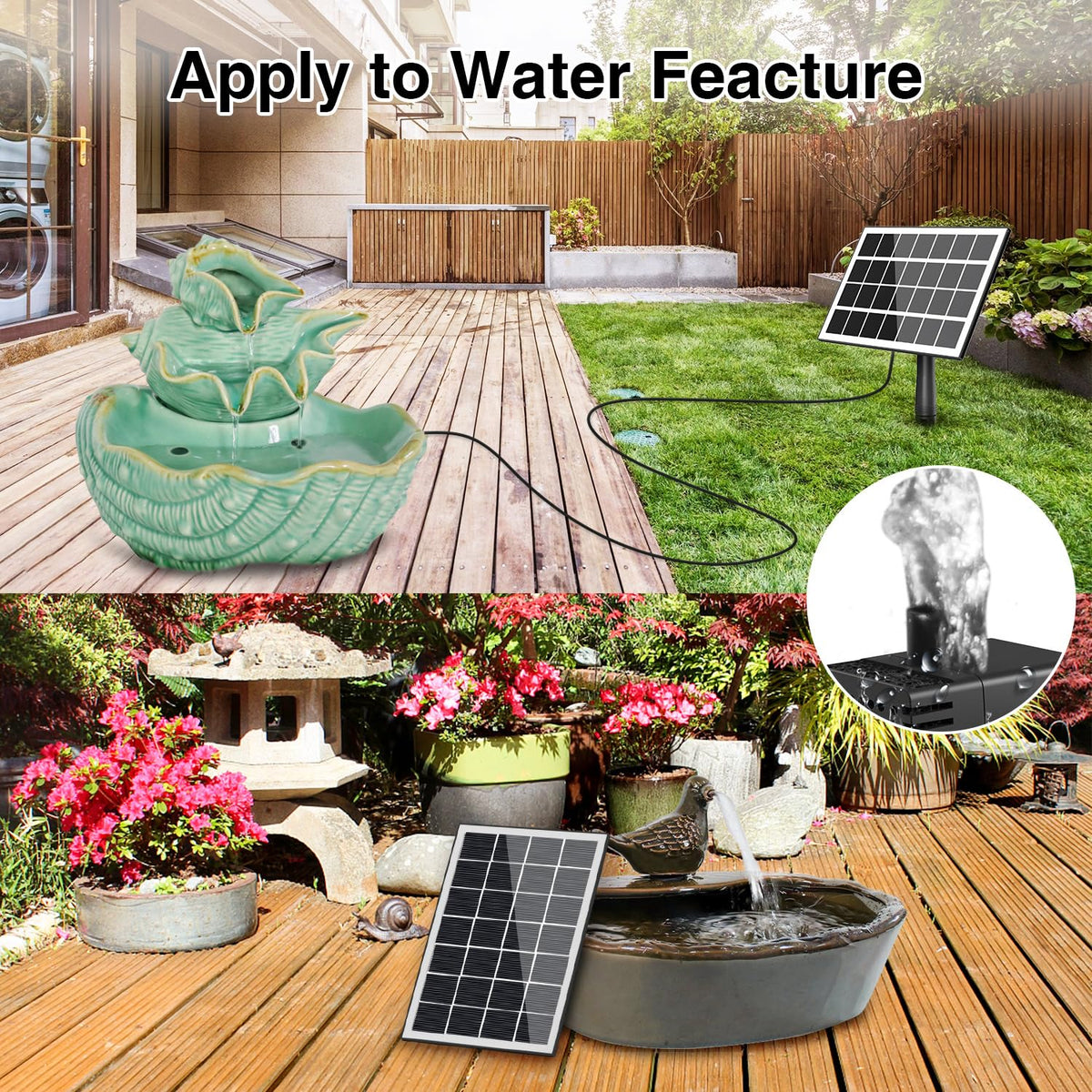 JuTai solar fountain protects pump with water shortage protection.
