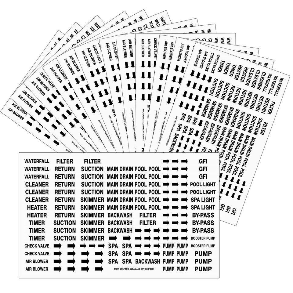 Jutom pool equipment labels sheet, waterproof for pipes and pool gear.