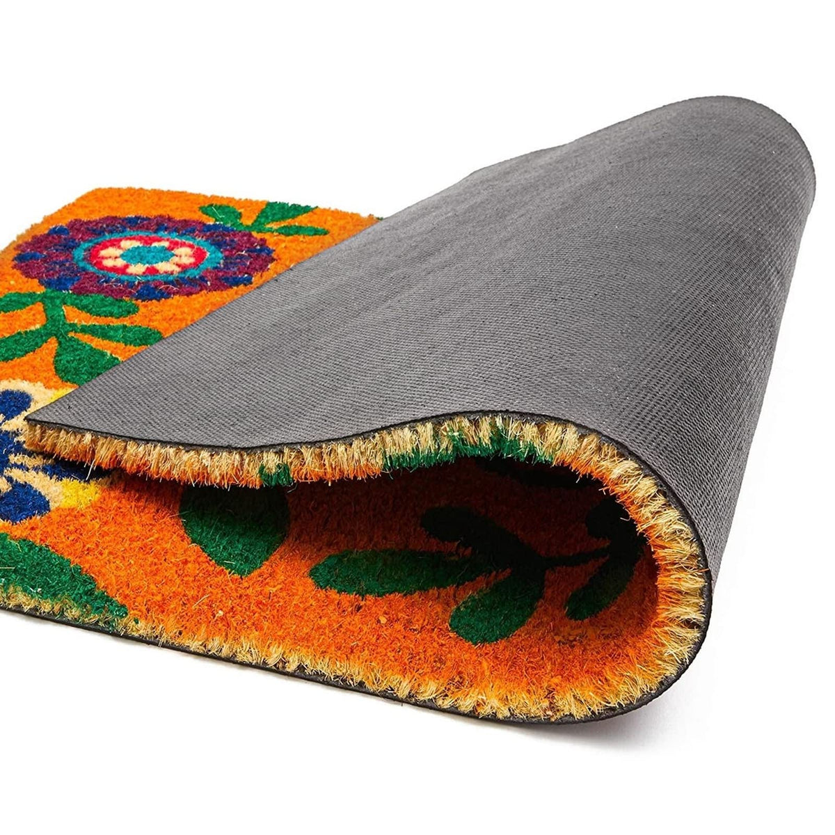 Juvale Floral Coir Door Mat pvc backing detail prevents slips on wet surfaces.