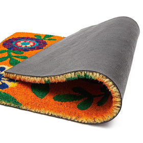 Juvale Floral Coir Door Mat pvc backing detail prevents slips on wet surfaces.
