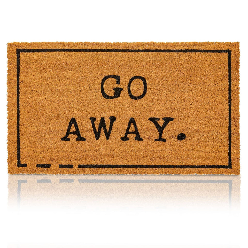 Juvale Go Away Doormat at the front door with bold text for outdoor humor.