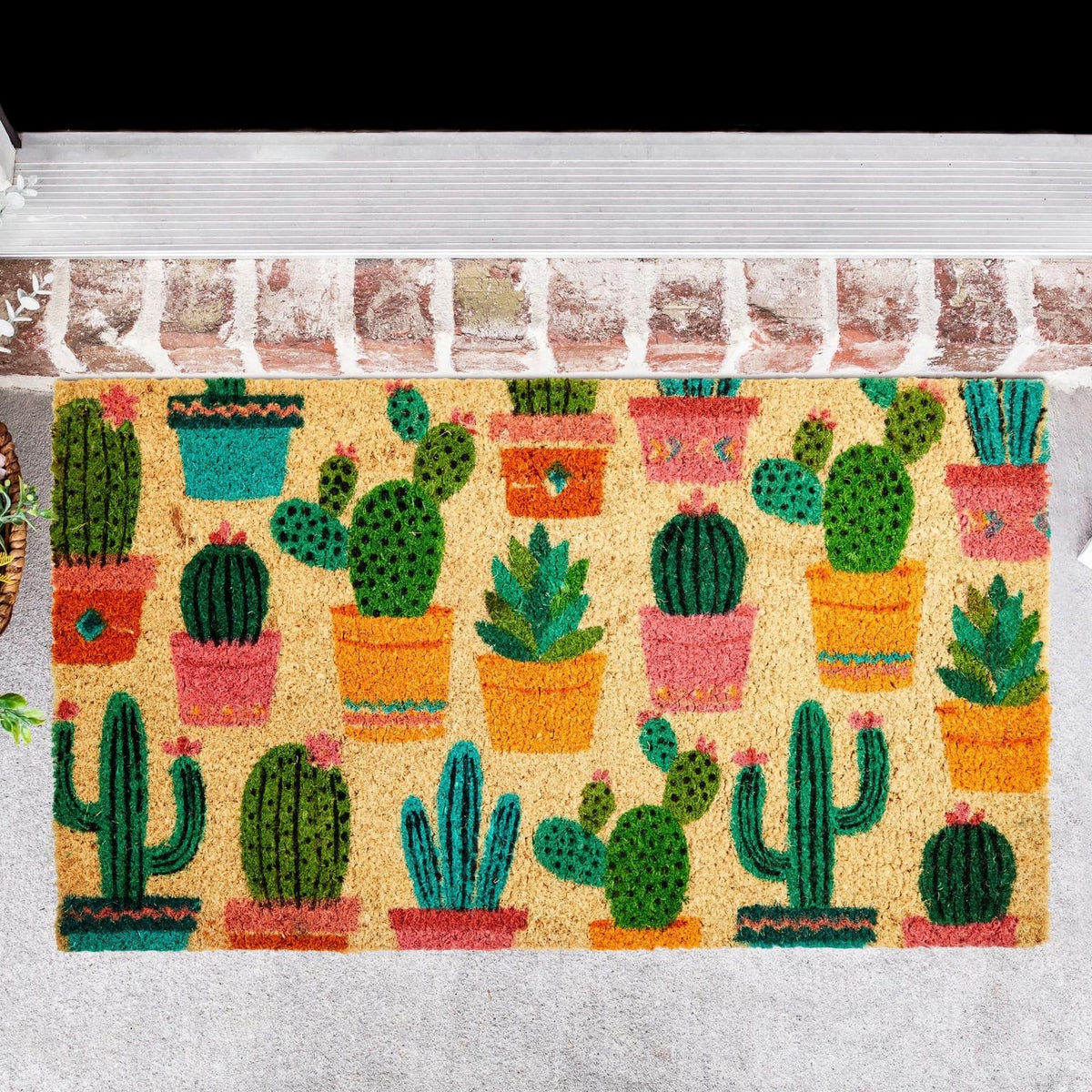 Juvale outdoor front-door mat features vibrant cactus design to welcome guests and set style