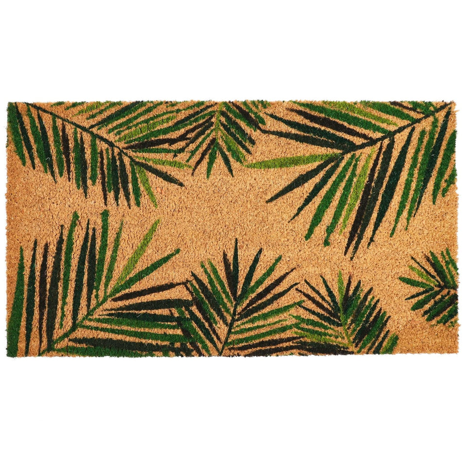 Juvale tropical palms door mat welcomes guests with durable coir for dirt scraping.