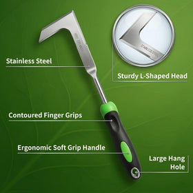 Juxifyron L-shaped crack weeder targets narrow cracks between pavers.
