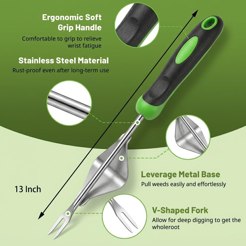 Juxifyron soft-grip handle weeder reduces hand fatigue during weeding.