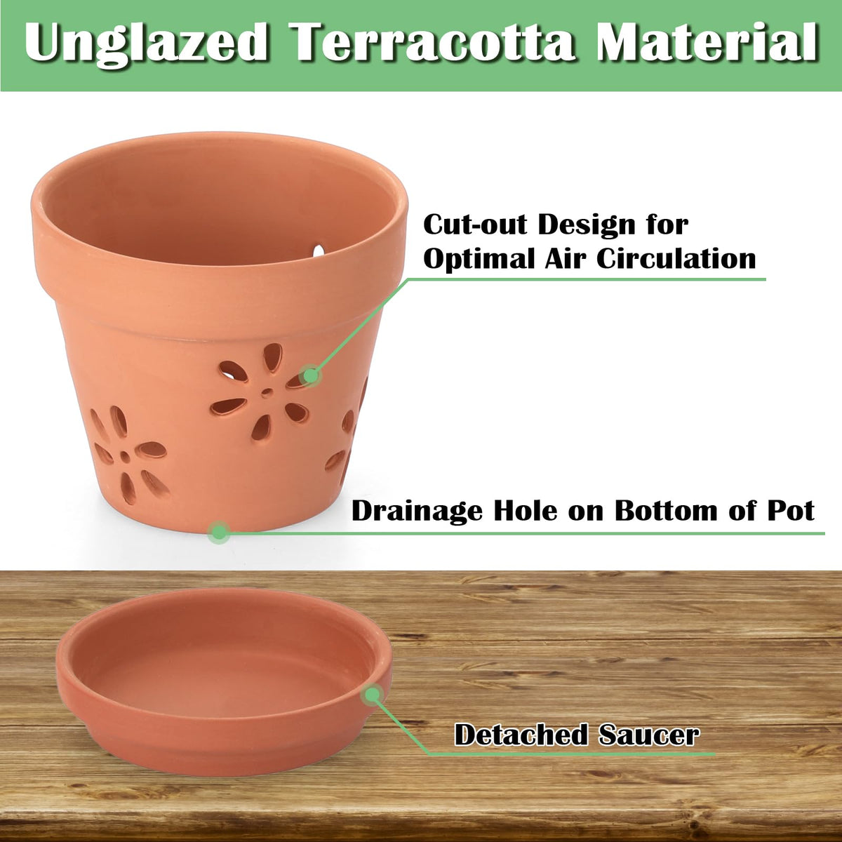 JUXYES terracotta pot with saucer closeup highlights moisture management.