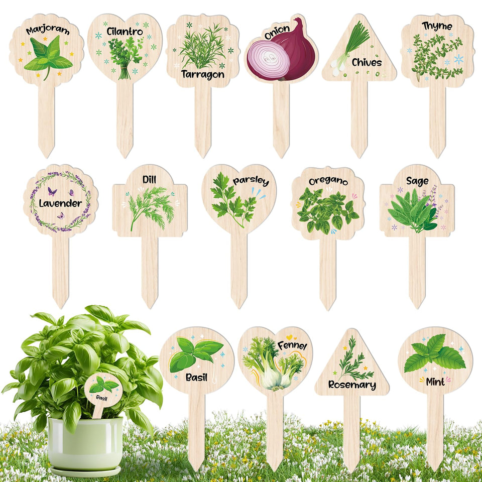 JUYRLE plant label signs in wood grain finish for easy herb identification.