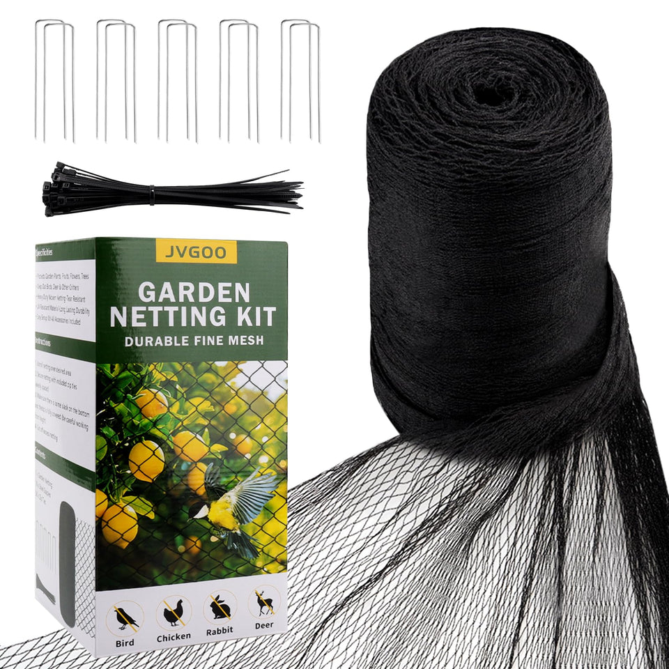 Jvgoo bird netting draped over fruit trees to protect harvest