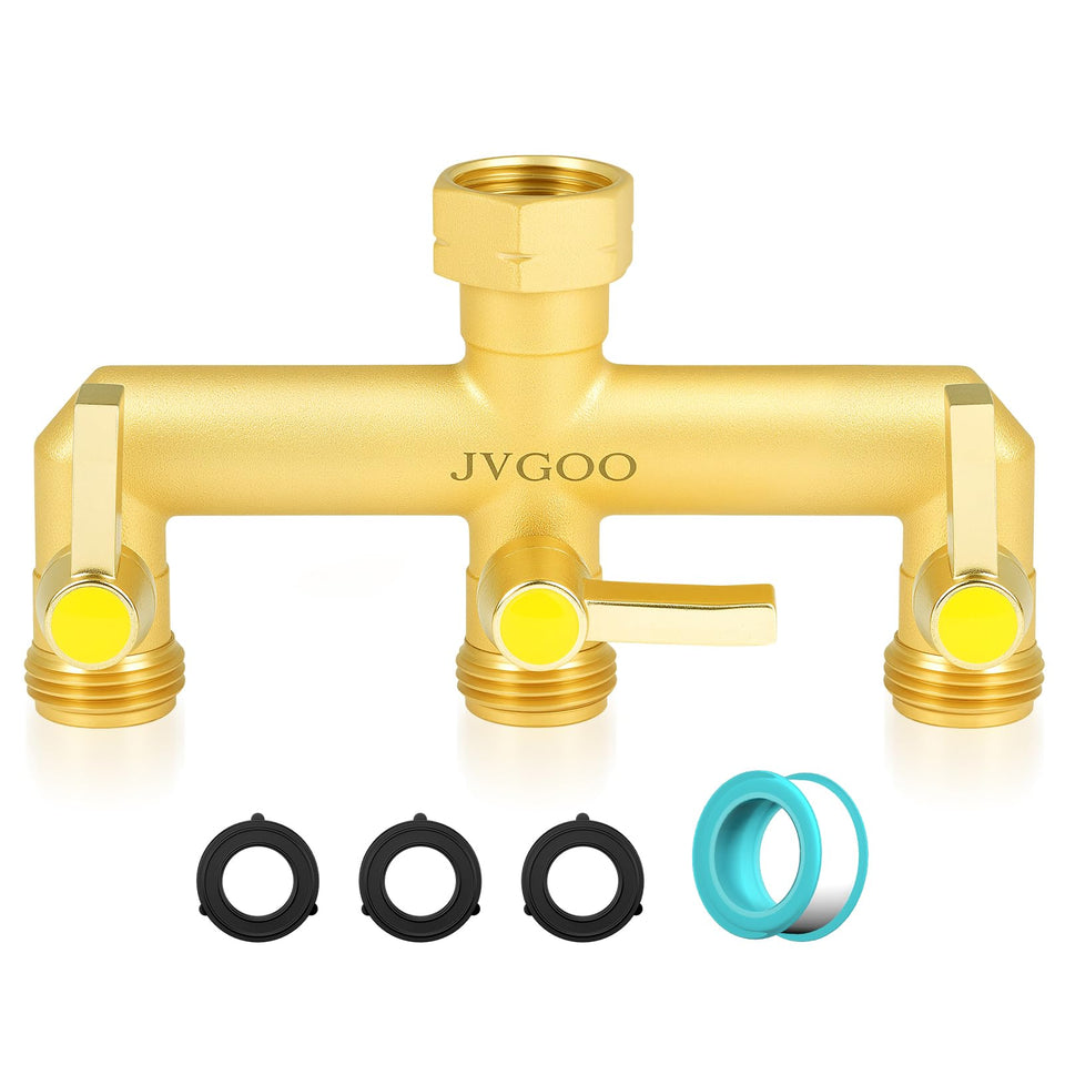 Jvgoo brass 3-way hose splitter with sturdy body and rust resistance for versatile watering.