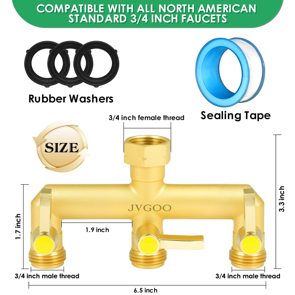 Jvgoo brass extended-handle hose splitter showing easy independent outlet control.