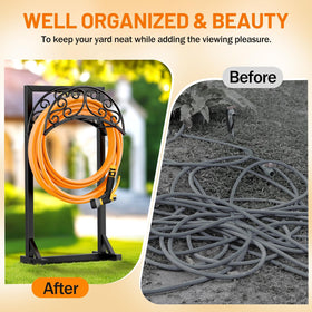 Jvgoo freestanding outdoor hose storage suitable for yards and patios.