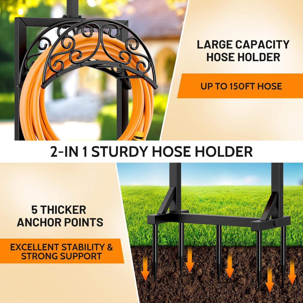 Jvgoo heavy-duty metal hose stand resists rust and weather.