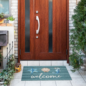 Jvpke Beach Welcome Mat close-up reveals durable PVC texture that traps moisture.