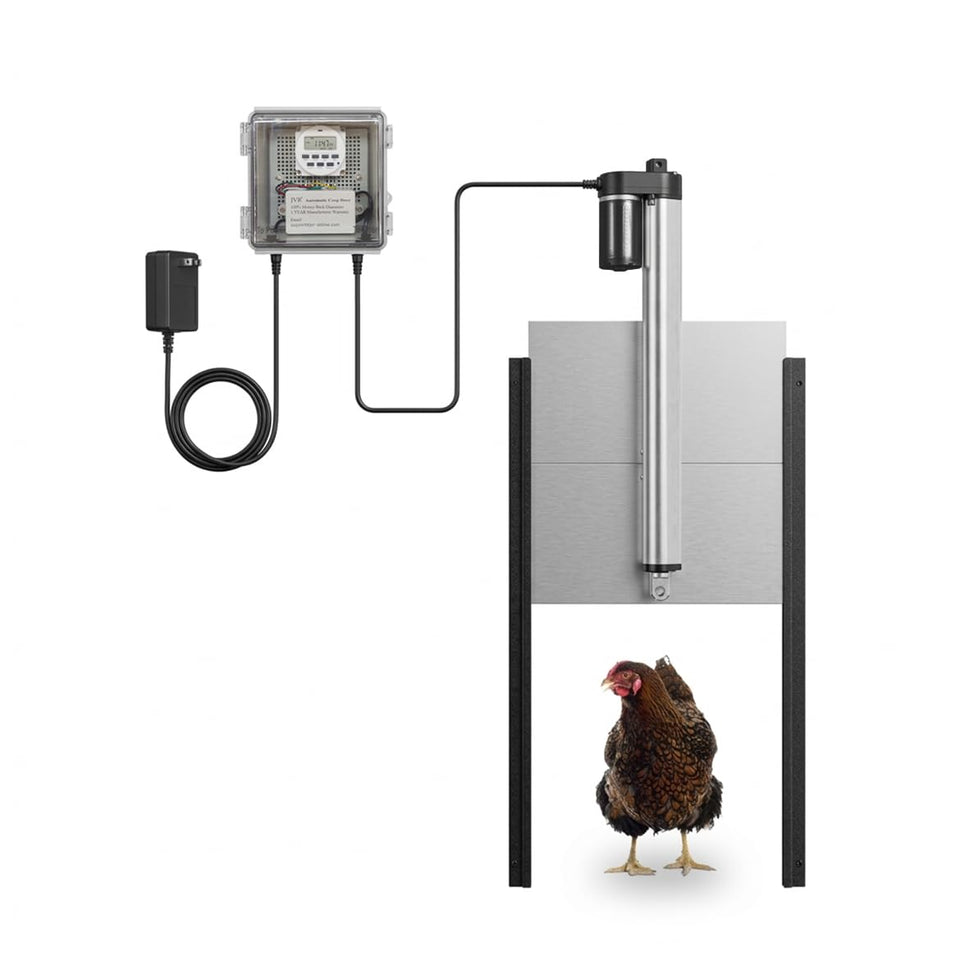 JVR automatic chicken coop door timer ensures on-time opening for morning eggs