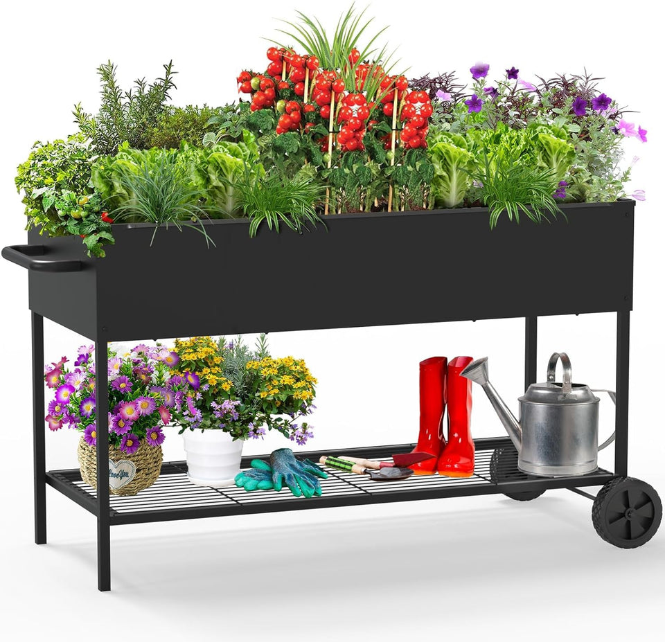 JWPEHOE raised garden bed with legs and shelf, easy mobility and organization.