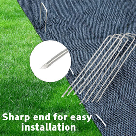 Jxrhy 200-pack heavy-duty U-shaped stakes ready to drive.
